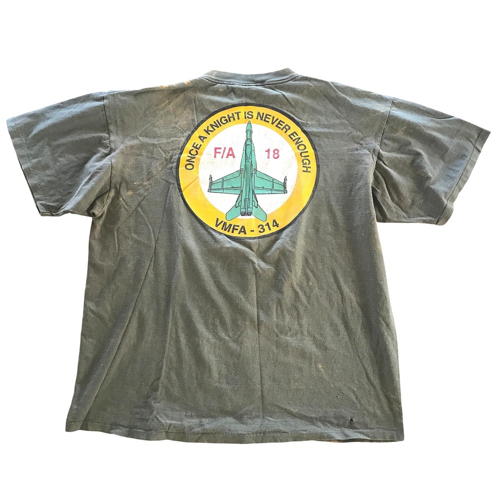 Vintage 90s Oneita VMFA-314 Black Knights F/A-18 Thrashed Bleach T-Shirt XL